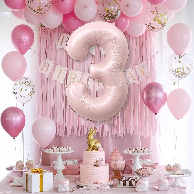 3rd Birthday Balloons for Girls, Pastel Dusty Blush Pink Large 3 Balloon Number - Image 7