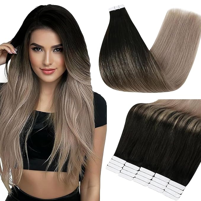 Full Shine Hair Extensions Real Human Hair Tape in Color 1B/18 Black to Blonde 18 Inch Natural Seamless Skin Weft Tape in Hair Extensions Human Hair 20PCS 50g Remy Extensions for Women Real Hair