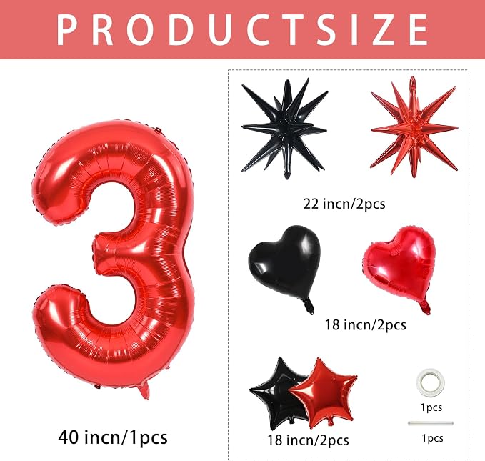 TONIFUL 3rd Birthday Balloons Kit 40 Inch Red Large Number 3 Foil Balloon | - Image 2