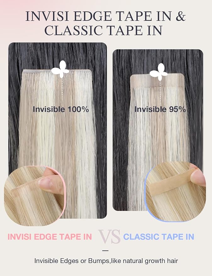 DOORES Invisi Edge Hair Extensions Real Human Hair Tape in, Dark Blonde Highlighted Bleach Blonde 10 Injection Tape-ins with 10 Injection Tape-ins 50g 20 Inch, Injected Tape in
