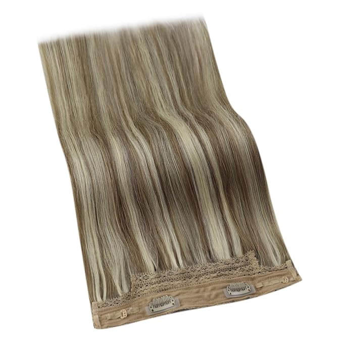YoungSee Wire Hair Extensions Human Hair Highlight Hair Extensions Wire Light Brown Highlights Blonde Fish Line Hair Extension Real Human Hair for Women 16In 80G