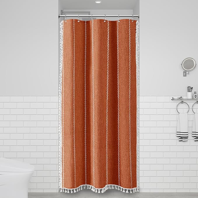 Small Boho Linen Heavy Duty Cloth Shower Curtain, Burnt Orange | Stall Size - Image 6