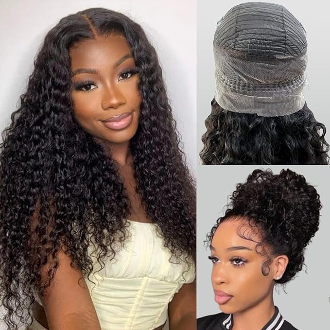 360 Glueless Wigs Human Hair 22 Inch Pre Plucked Hidden Strap Deep Wave Lace Front Human Hair Wigs With Drawstring 180 Density Wet and Wavy HD Full Lace Front Wigs Human Hair