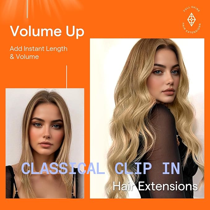 Full Shine Human Hair Extensions Clip ins Balayage Blonde 22 Inch Human Hair Clip in Extensions Golden Brown Ombre Remy Hair Extensions for Fine Hair 7 Pcs 120 G
