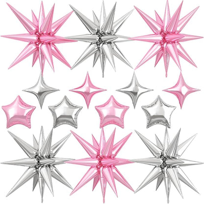 14pcs Pink Silver Star Balloons, Mixed Star Foil Balloon, 22Inch Explosion by vibzox