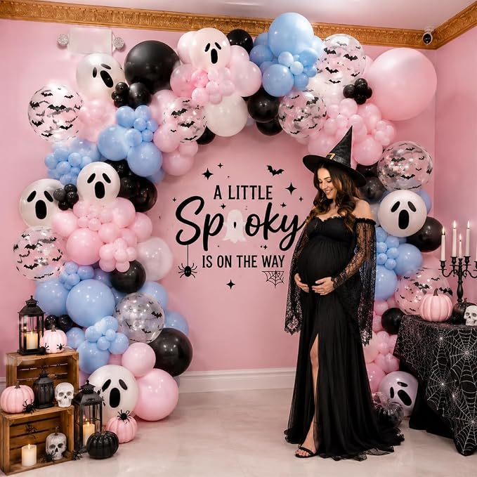 Halloween Gender Reveal Black and Pastel Pink Blue Ghost Balloons | 12 Inch - Image 3