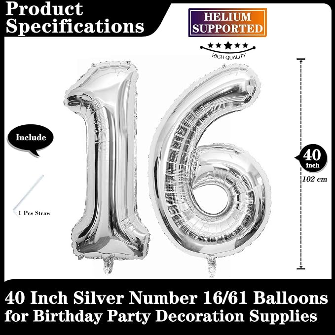 Silver 16 Number Balloons, 40 Inch Giant Number 16 Balloons Foil Mylar Helium - Image 2