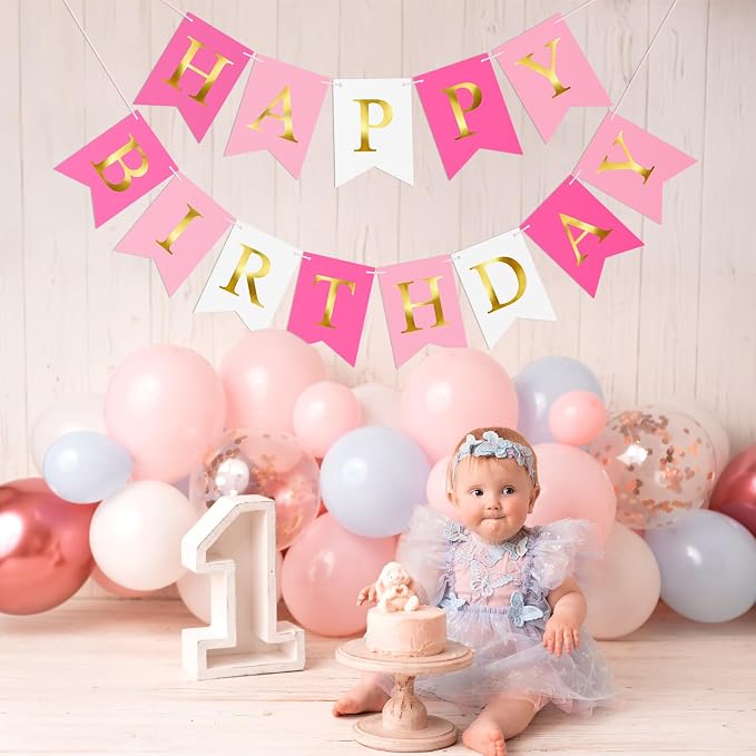 Pre-Strung Pink Happy Birthday Banner Birthday Party Banner NO DIY | Happy - Image 5