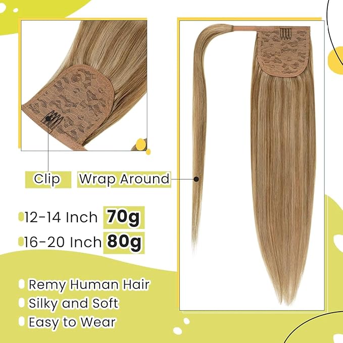 RUNATURE Ponytail Extension Human Hair, Real Hair Ponytail Extension for Women, Magic Paste Straight Human Hair Ponytail, 18 Inch 80g #10P16 Dark Blonde Highlight Caramel Blonde