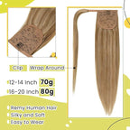 RUNATURE Human Hair Ponytail Extension Blonde Ponytail Hair Extension Dark Blonde Highlight Caramel Blond Short Ponytail Human Hair Extensions Straight Pony Tails Hair Extension 12 Inch 70g