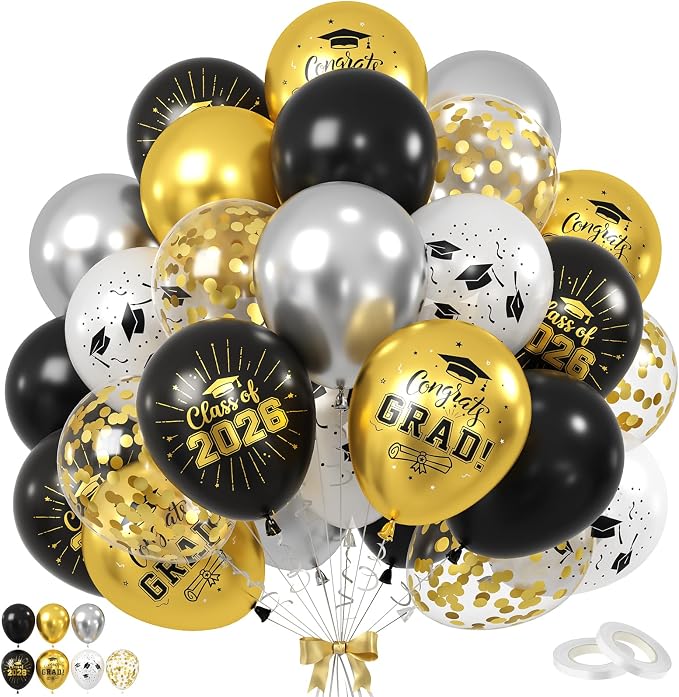 Black and Gold Graduation Balloons, 12 Inch Metallic Silver Gold Confetti Latex by BIAPIAN