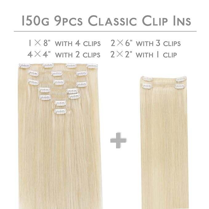 WENNALIFE Clip in Human Hair Extensions, 20 Inch 150g 9pcs Clip in Hair Extensions Real Human Hair, Platinum Blonde Human Hair Clip in Extensions Remy Human Hair Extensions Clip Ins Double Weft