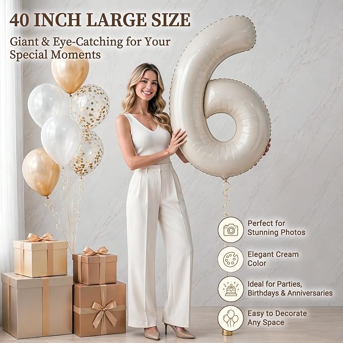 CARGEN 40 Inch Creamy White Number 6 Balloon Boho Neutral Party Decoration | - Image 2