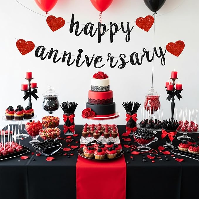BEISHIDA Glitter Pre-Strung Black Red Happy Anniversary Banner Decoration | NO - Image 6