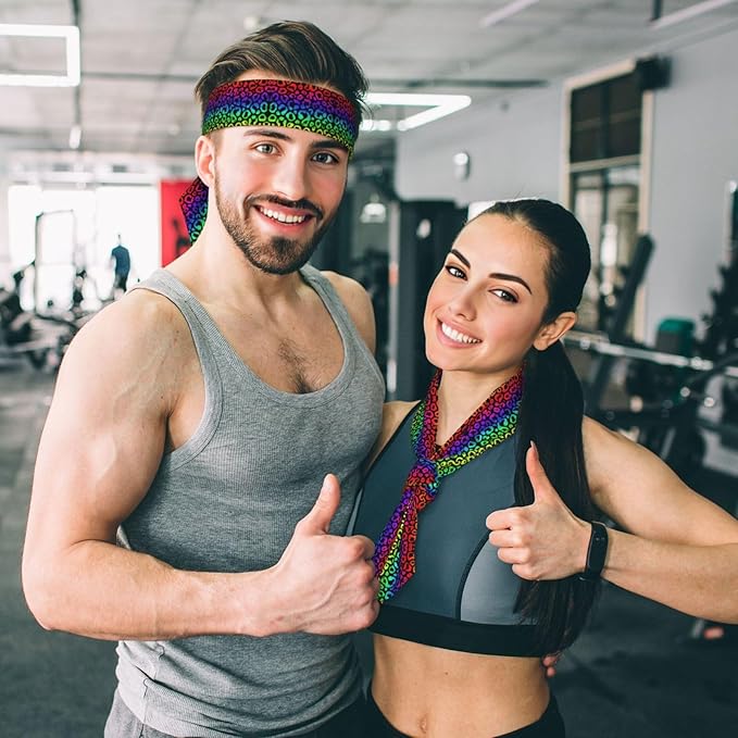 Men's Women Fashion Sports Sweatband Hand Decor for Running Fitness Spa, Long Multifunction Animal Neon Rainbow Colorful Cheetah Leopard Print Black Head Ribbon Headwear
