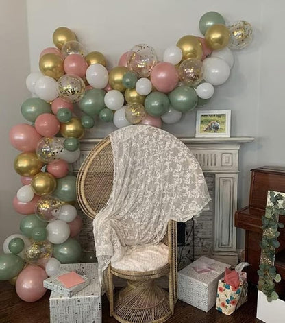 Pink and Green Balloons, 12 Inch Sage Green Pearl Pink and White Gold Confetti - Image 5