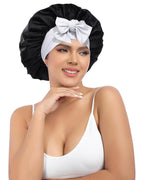 AWAYTR Silk Bonnet for Sleeping Women 100% Mulberry Silk Bonnet with Band 2 Layer Reversible Hair Bonnet Sleeping Hair Wrap (Black/Silver Grey)