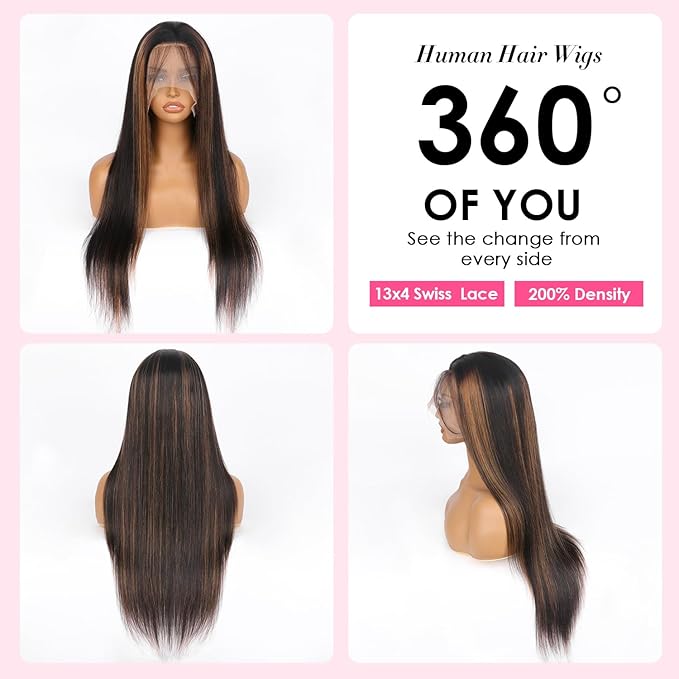32 Inch Highlight Ombre Lace Front Wig Human Hair Straight Wigs Human Hair 13x4 Pre Plucked 1B/30 Black with Brown Highlight Wig 200% Density Colored Glueless Wigs for Women