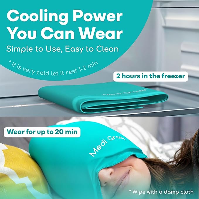 Medi Grade Migraine Relief Cap - Cooling Compression Headache Relief Cap with Full Coverage - Soft Flexible Fabric Gel Migraine Cap That Blocks Light, Reusable Migraine Mask for Cold Therapy