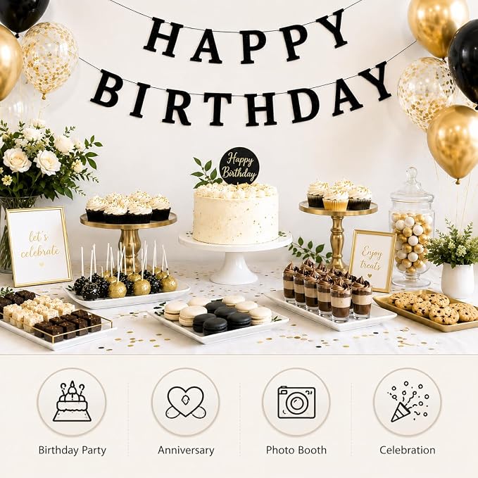 Happy Birthday Banner Black Glitter Birthday Party Banner Pre-Strung | Happy - Image 3