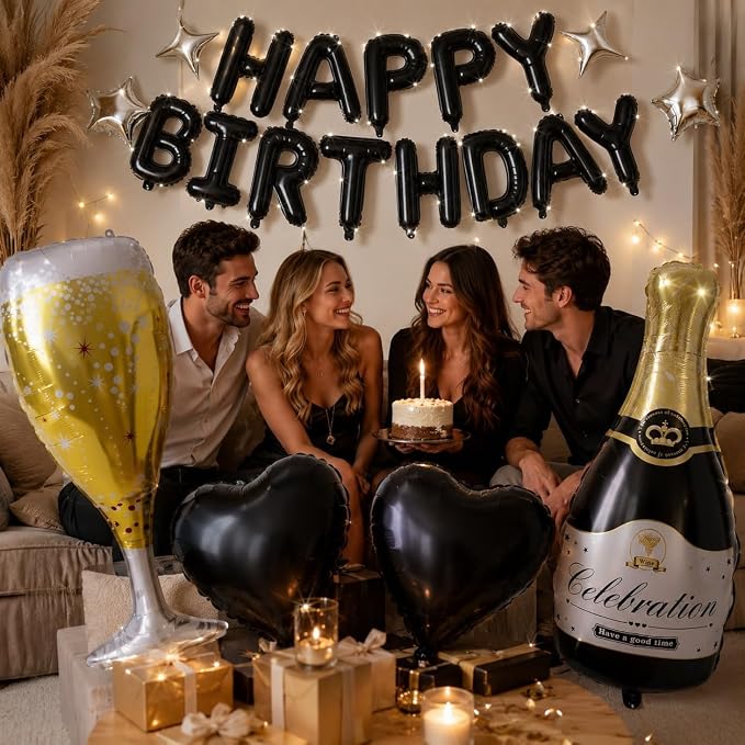 Black Happy Birthday Balloons Banner, Champagne Bottle Glass Balloon - Image 3