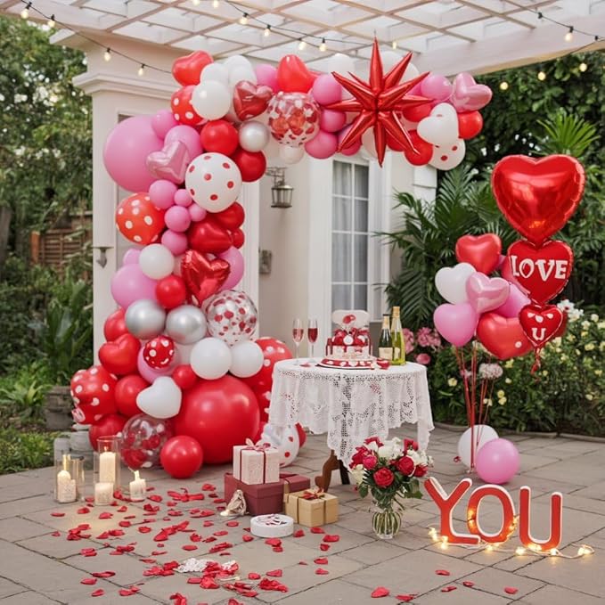 Valentine's Day Balloons, 12 Inch Pearl Pink Red Heart Shaped Confetti Latex - Image 4