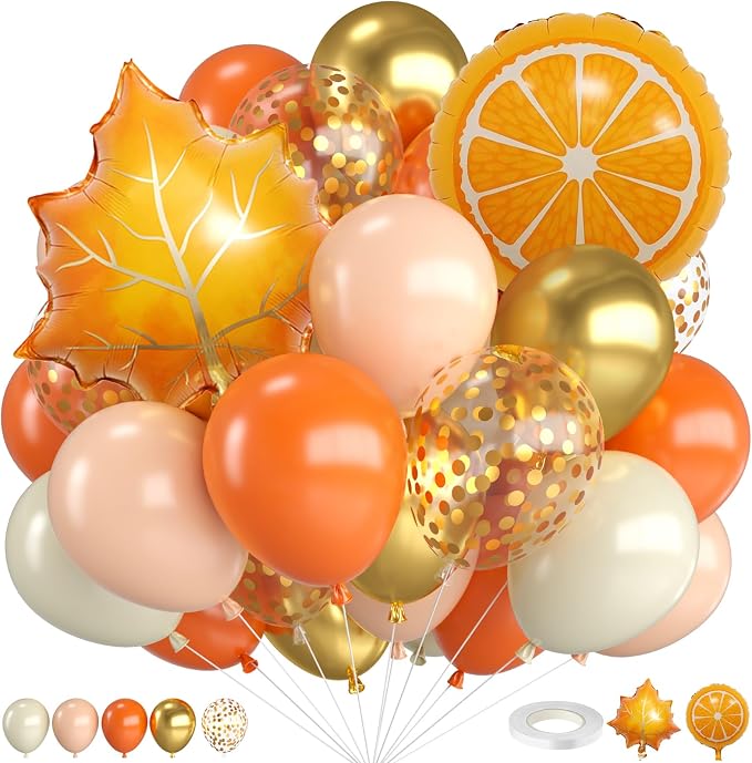 Fall Balloons, 12 Inch Pastel Orange White and Gold Confetti Balloons by FunHot