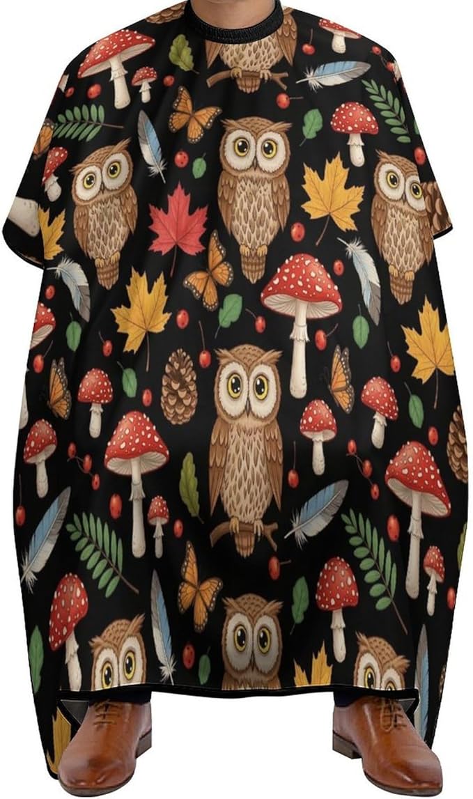 Men Women Adults Floral Owls Fall Leaves Mushroom Hair Dressing Gown Cape, Extra Large Hairdressing Apron for Barber Salon, Easy Clean