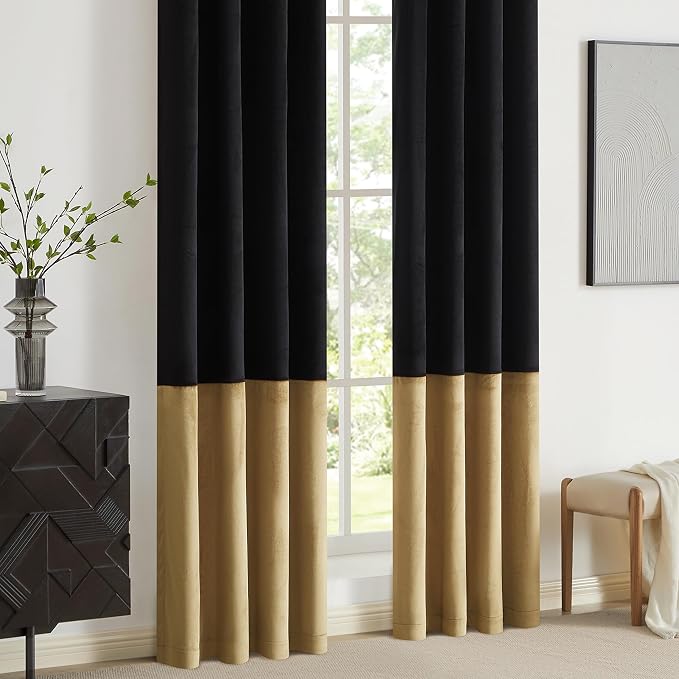 Black Gold Velvet Blackout Curtains Luxury Decor 120 inches, Color Block | - Image 4