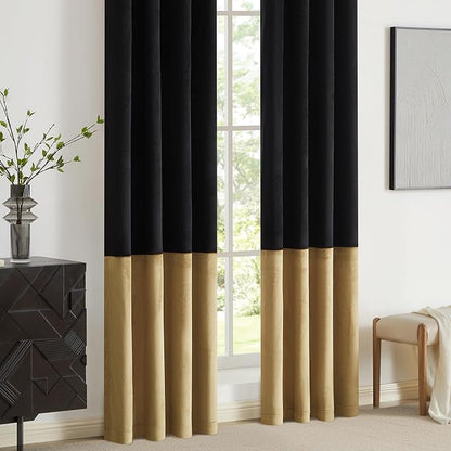 Black Gold Velvet Blackout Curtains Luxury Decor 102 inches, Color Block | - Image 4