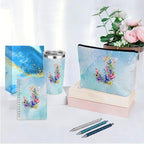 Personalized Gifts Monogrammed Birthday Gifts for Women, Maid of Honor Bachelorette Wedding Christmas Initial 20 oz Tumbler, Makeup Bag Cup Pens Journal Notebook 6 Set, (Aesthetic Blue Flower J)