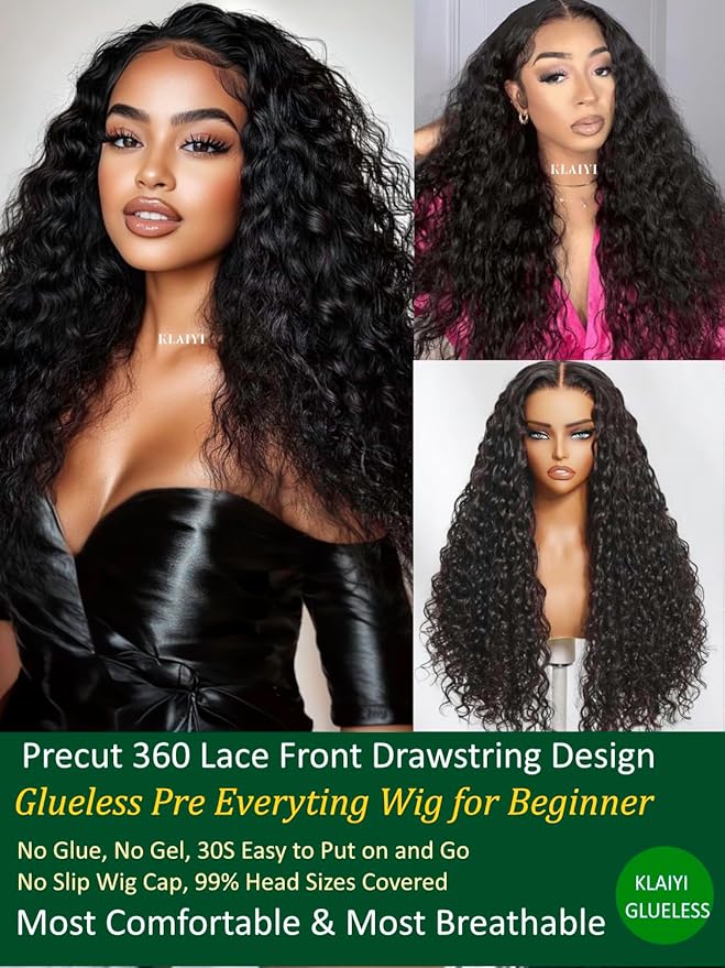 KLAIYI Water Wave Pre Cut 360 Full Lace Frontal Glueless Wig Human Hair Drawstring Pre Plucked Bleached Bye Bye Knots Pre Everything Ready to Wear And Go Curly Beginner Wig with Baby Hair 180% 20Inch