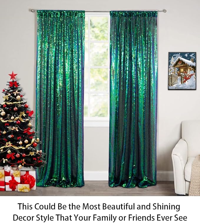 ShinyBeauty Sequin Curtains 2 Panels 2FTx8FT Iridescent Green Photo Booth - Image 3