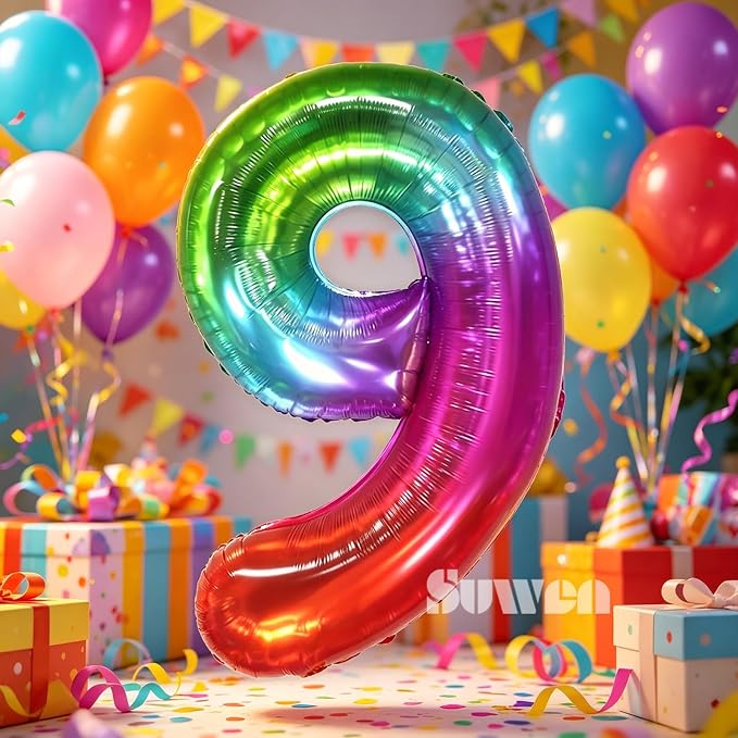 SUWEN Rainbow Number 9 Balloon 40 Inch, Big Colorful Balloons 0-9 | Large - Image 3