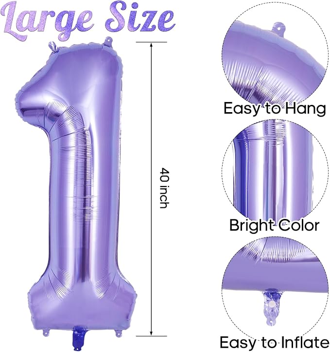 Purple Number 1 Balloon 40 Inch, Big Large Foil Helium Number Balloons - Image 3