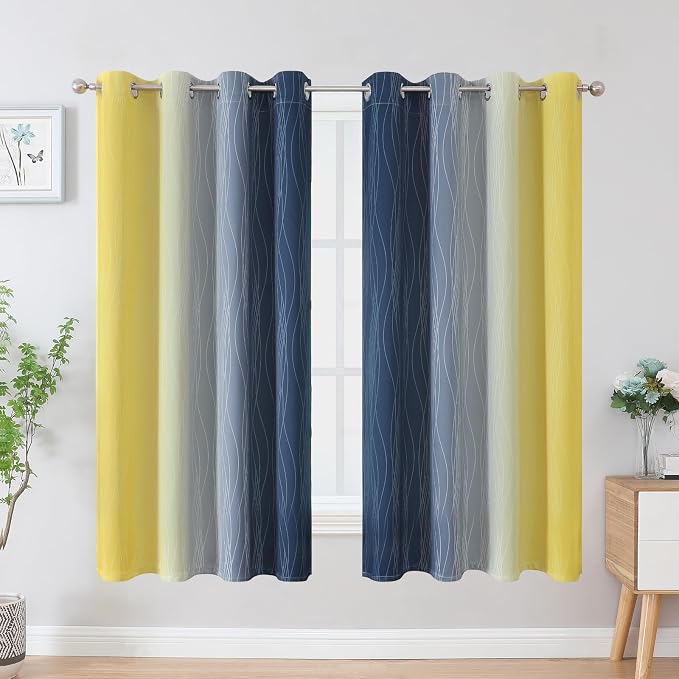 Navy Blue and Yellow Blackout Curtains 63 Inch Length 2 Panels Set, Full Room - Image 2