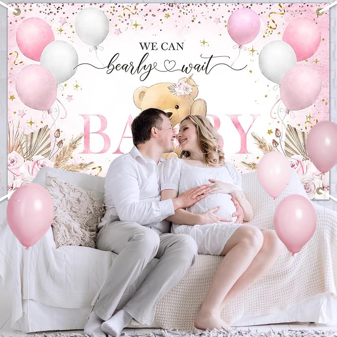 Pink Bear Baby Shower Backdrop 6x3.6 ft We Can Bearly Wait Banner - Image 4