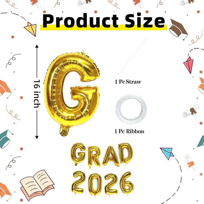 Gold GRAD 2026 Banner Balloons, 16 Inch Mylar Foil letter Graduation Balloons - Image 2