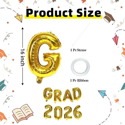 Gold GRAD 2026 Banner Balloons, 16 Inch Mylar Foil letter Graduation Balloons - Image 2