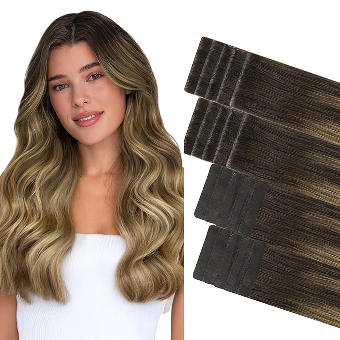 GOO GOO Invisi Edge Tape in Hair Extensions Human Hair, 2/6/18 Balayage Brown to Dirty Blonde 10pcs injected with 10pcs classical tape ins, 16inch 50g, Virgin Remy Hair, Natural Look