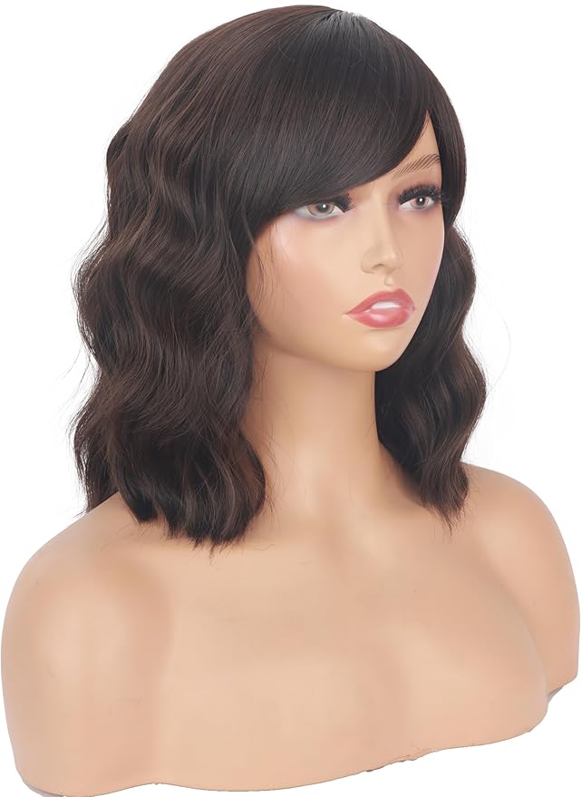 Short Brown Wavy Wigs With Bangs For Women Synthetic Heat Resistant Brown Wigs For Daily Use