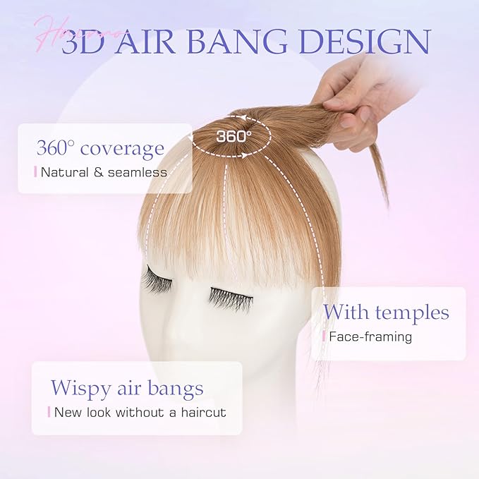 Hairro Clip On Bangs Human Hair Bangs Hair Clip In Bangs 3D 360°Cover Topper With Bangs Wispy Air Bangs Hair Pieces Fake Bangs For Women 8 Inches 10g #06 Light Brown