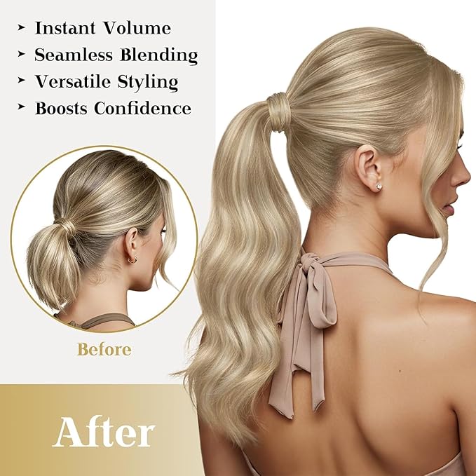 Ve Sunny Hair Extensions Ponytail Real Human Hair Wrap Around Clip in Ponytail Hair Extensions Straight Extensions Human Hair for Women Dark Blonde Highlights Golden Blonde 18inch 80G