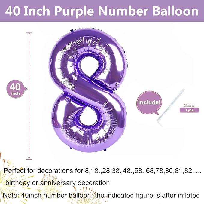 Purple Number Balloons, 40 Inch Purple Balloon 8.8 Helium Balloon 8th Birthday - Image 2