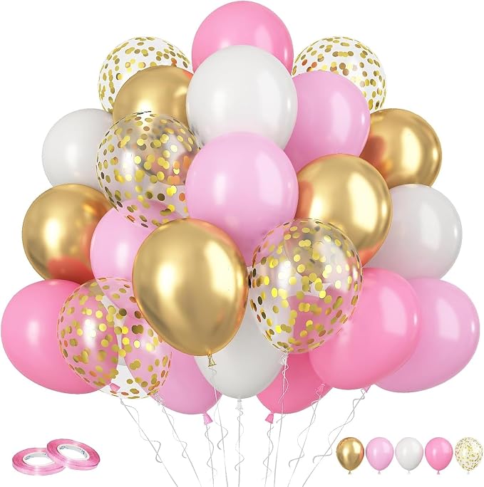 Pink Gold Balloons, Metallic Gold Confetti Latex Balloons, Women Girls Princess by FunHot