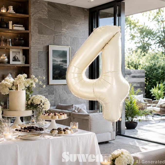 SUWEN 40 Inch Cream White Large 4 Balloon Numbers Big Foil Helium 0-9 | Jumbo - Image 3