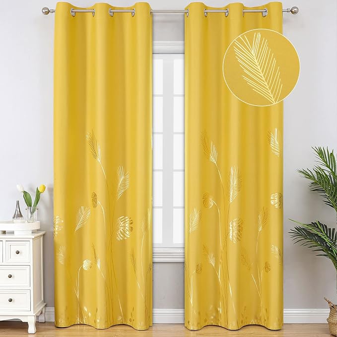 Yellow Blackout Curtains for Bedroom, Room Darkening Gold Palm Tree Pattern by ESTELARTEXTILER