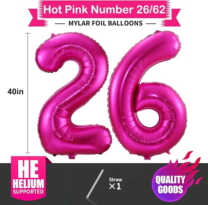 Hot Pink 26 Balloon Numbers, 40 Inch 26 or 62 Birthday Balloon Foil Mylar - Image 2