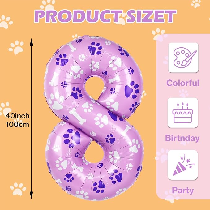 40 Inch Pink Dog Paw Birthday Balloons, Numeral 8 Balloons - Image 2