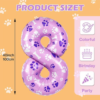 40 Inch Pink Dog Paw Birthday Balloons, Numeral 8 Balloons - Image 2